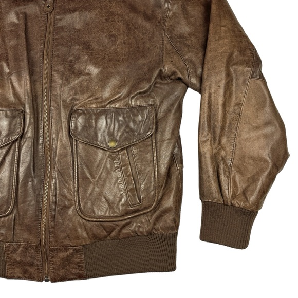 Paris Sport Club Sz Medium Brown Leather Bomber Jacket Front Pockets Fully Lined - Picture 5 of 16